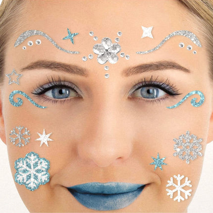 Blå och silverfärgade falska tatueringar för ansiktet med glitter – isprinsessa