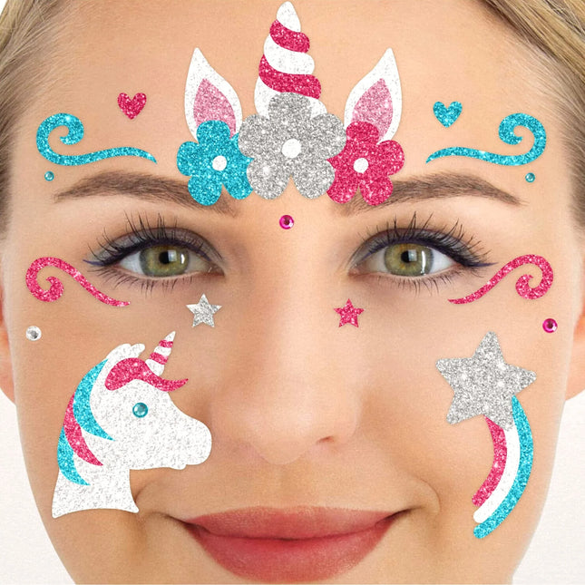 Färgade falska tatueringar för ansiktet med glitter – enhörning