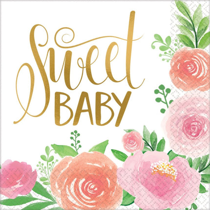Geboorte Servetten Baby Meisje Bloemen 33cm 16st van Riethmueller koop je bij Partywinkel