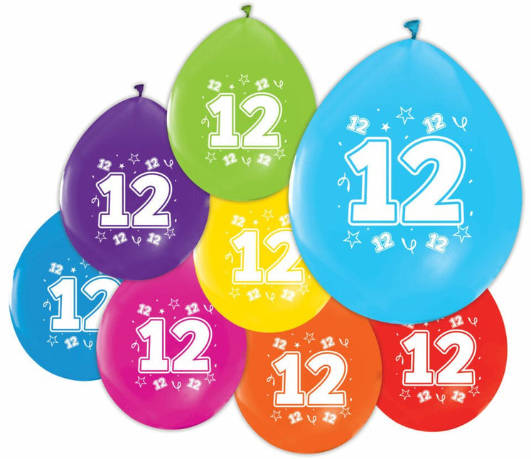 Gekleurde Ballonnen 12 Jaar 30cm 8st van WeFiesta koop je bij Partywinkel