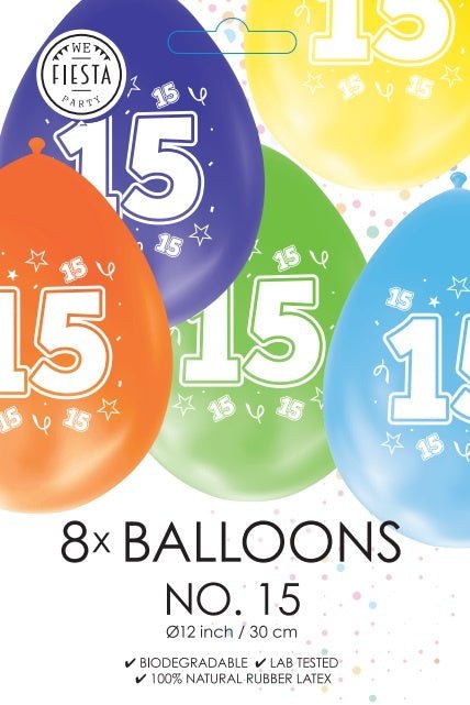 Gekleurde Ballonnen 15 Jaar 30cm 8st van WeFiesta koop je bij Partywinkel