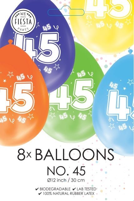 Gekleurde Ballonnen 45 Jaar 30cm 8st van WeFiesta koop je bij Partywinkel