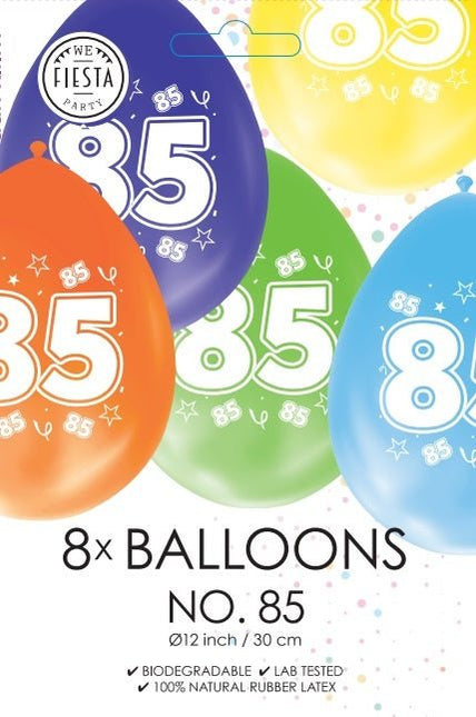 Gekleurde Ballonnen 85 Jaar 30cm 8st van WeFiesta koop je bij Partywinkel