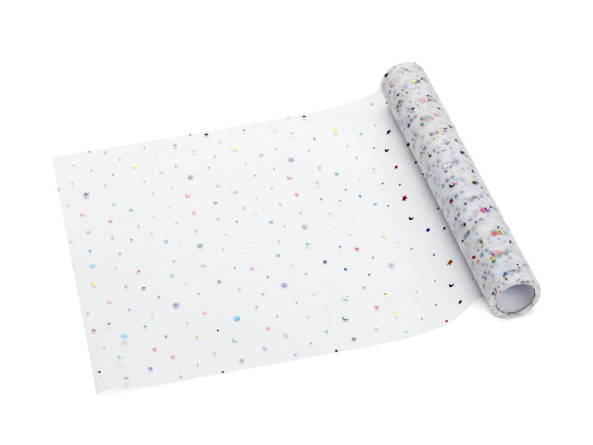 Gekleurde Tafelloper Tule Sterren 9m van Partydeco koop je bij Partywinkel