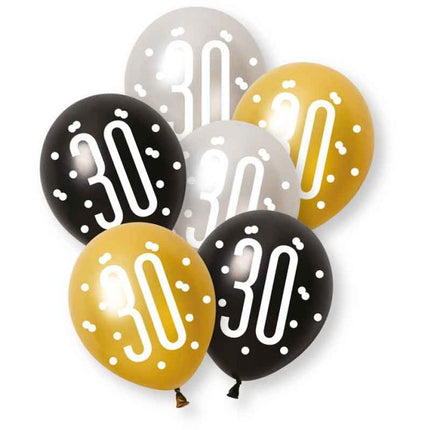 Glitz Black 30 Jaar Ballonnen platina & parelmoer premium latex 30cm 6st van Unique koop je bij Partywinkel