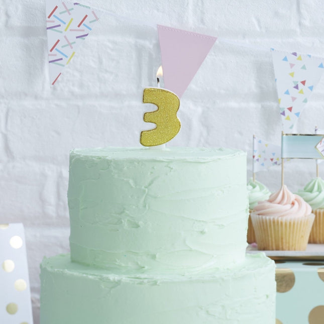 Gouden Kaars 3 Jaar Glitters 6cm van Ginger Ray koop je bij Partywinkel