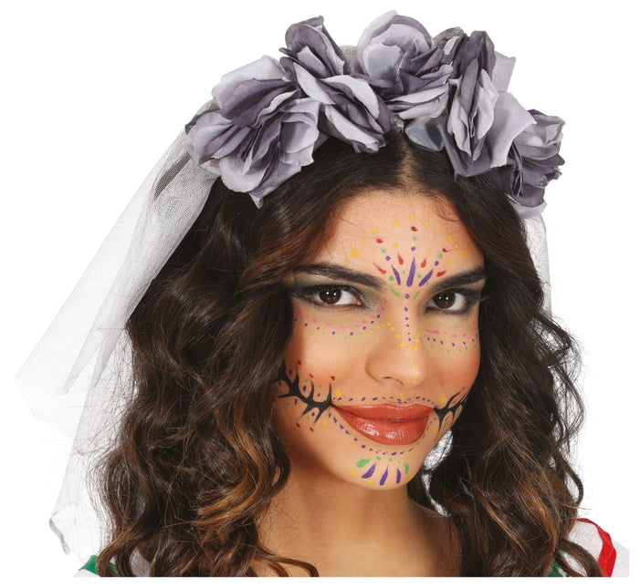 Halloween Haarband Grijs Sluier En Bloemen van Fiestas Guirca koop je bij Partywinkel