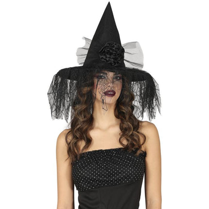 Halloween Heksenhoed Met Bloem En Sluier van Fiestas Guirca koop je bij Partywinkel