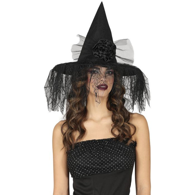 Halloween Heksenhoed Met Bloem En Sluier van Fiestas Guirca koop je bij Partywinkel