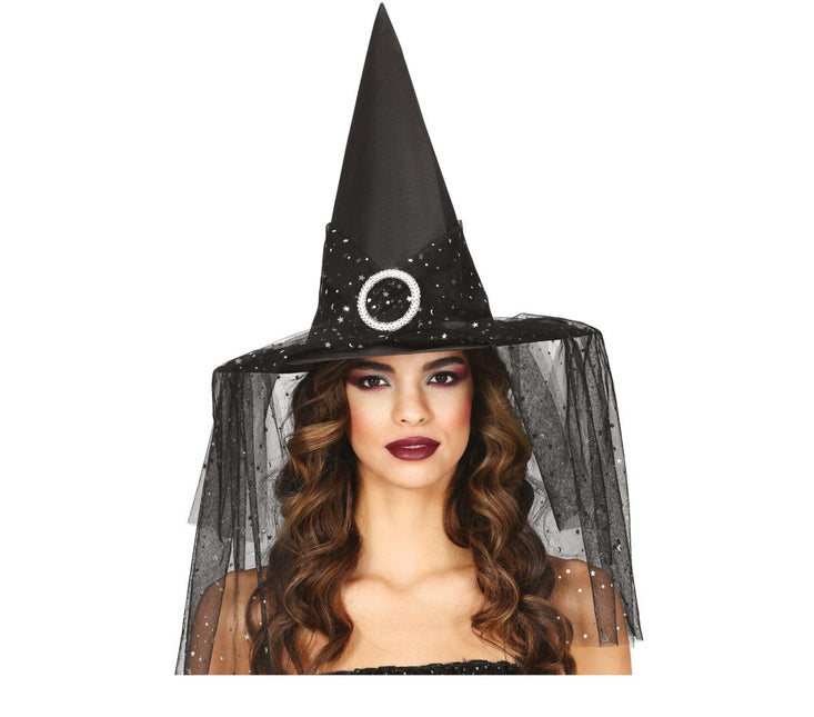 Halloween Heksenhoed Met Sluier En Sterren van Fiestas Guirca koop je bij Partywinkel