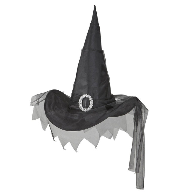Halloween Heksenhoed Zwart Met Tule van Widmann koop je bij Partywinkel