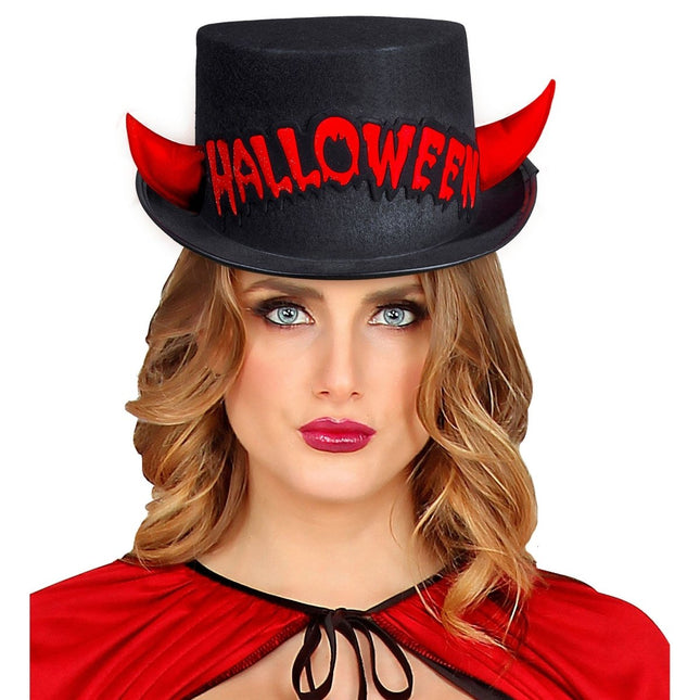 Halloween Hoge Hoed Zwart Rood Duivel van Widmann koop je bij Partywinkel