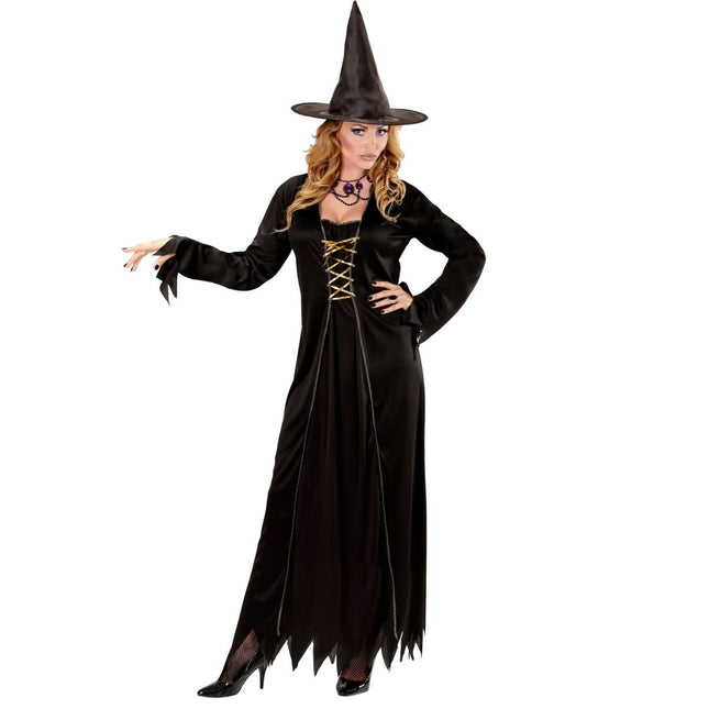 Halloween Jurk Zwart Dames Heks 2 delig van Widmann koop je bij Partywinkel
