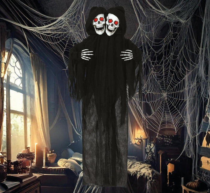 Halloween Pop Skelet Zwart Twee Schedels Met Licht En Geluid 1,7m van Fiestas Guirca koop je bij Partywinkel