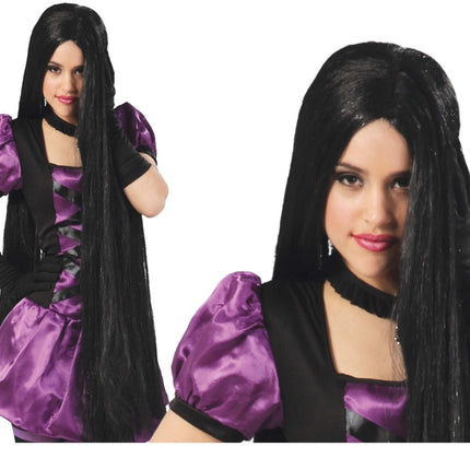 Halloween Pruik Extra Lang Haar Zwart van Fiestas Guirca koop je bij Partywinkel