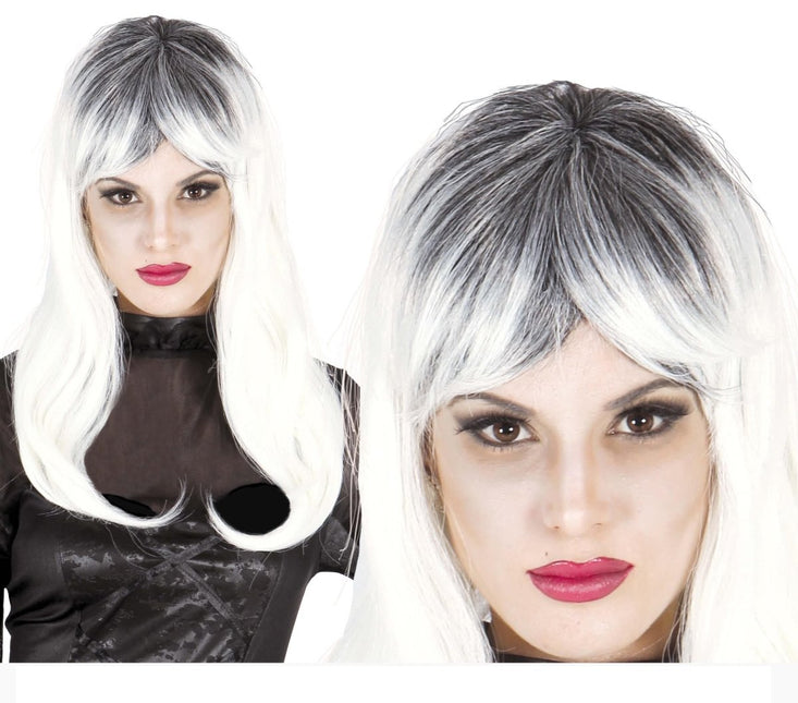 Halloween Pruik Lang Haar Zwart Wit van Fiestas Guirca koop je bij Partywinkel