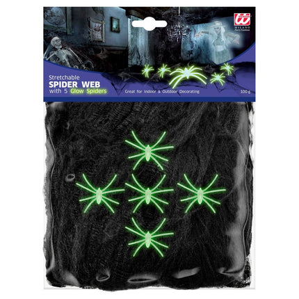 Halloween Spinnenweb Zwart Met 5 Spinnen 100gr van Widmann koop je bij Partywinkel