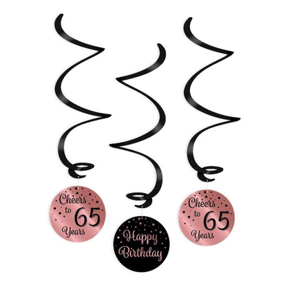 Hangdecoratie 65 Jaar Happy Birthday Zwart Roze 17cm 3st van Paper Dreams koop je bij Partywinkel