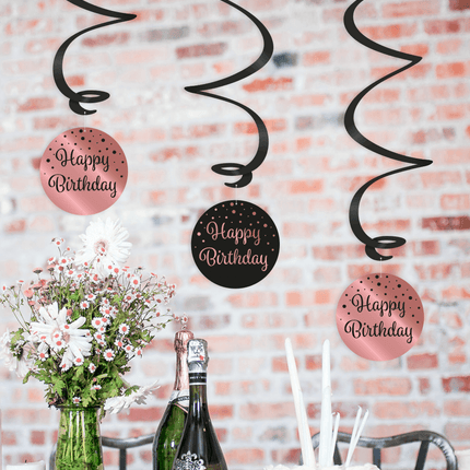 Hangdecoratie 65 Jaar Happy Birthday Zwart Roze 17cm 3st van Paper Dreams koop je bij Partywinkel