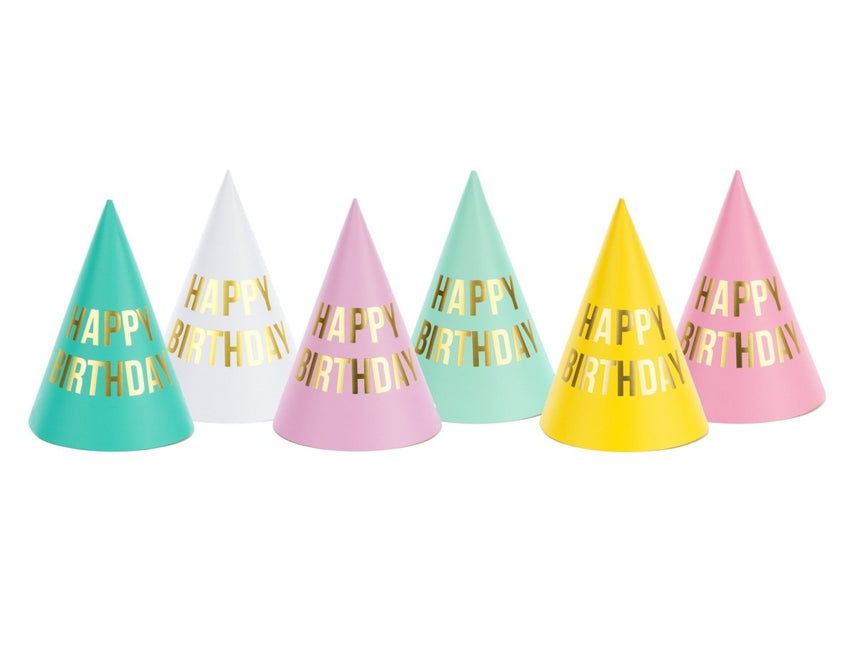 Happy Birthday Feesthoedjes 16cm 6st van Partydeco koop je bij Partywinkel