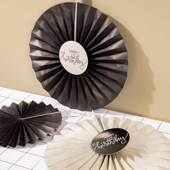Happy Birthday Papieren Waaiers Zwart 3st van Folat koop je bij Partywinkel