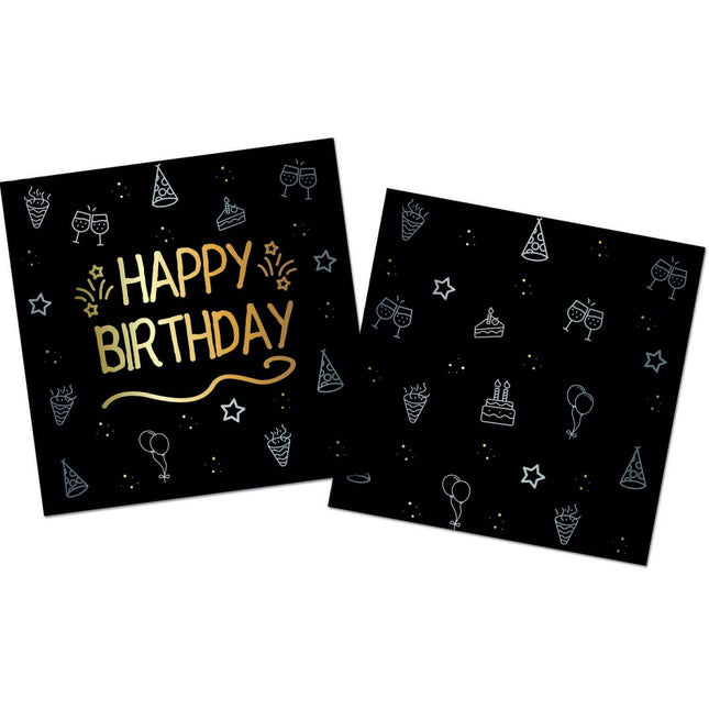 Happy Birthday Servetten Zwart Goud 33cm 16st van Folat koop je bij Partywinkel