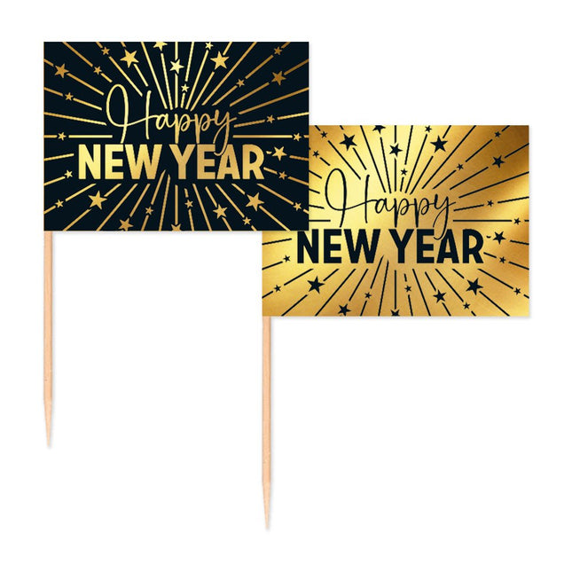 Happy New Year Cocktailprikkers Goud Zwart 50st van WeFiesta koop je bij Partywinkel