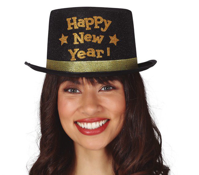 Happy New Year Hoed Zwart Goud van Fiestas Guirca koop je bij Partywinkel