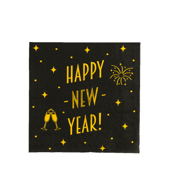Happy New Year Servetten Zwart Goud 19cm 16st van Paper Dreams koop je bij Partywinkel