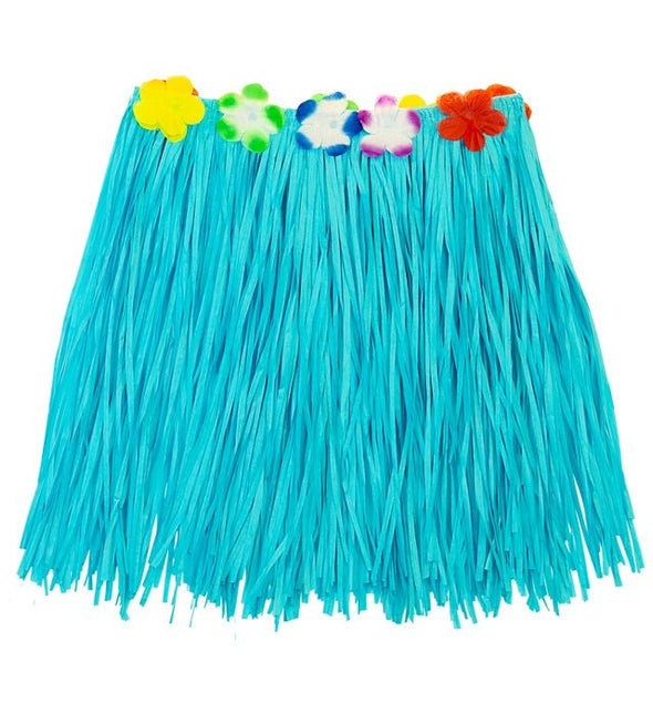 Hawaiirokje Lichtblauw Met Bloemenriem 40cm van Widmann koop je bij Partywinkel