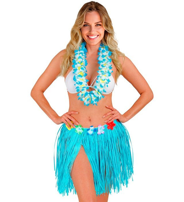 Hawaiirokje Lichtblauw Met Bloemenriem 40cm van Widmann koop je bij Partywinkel