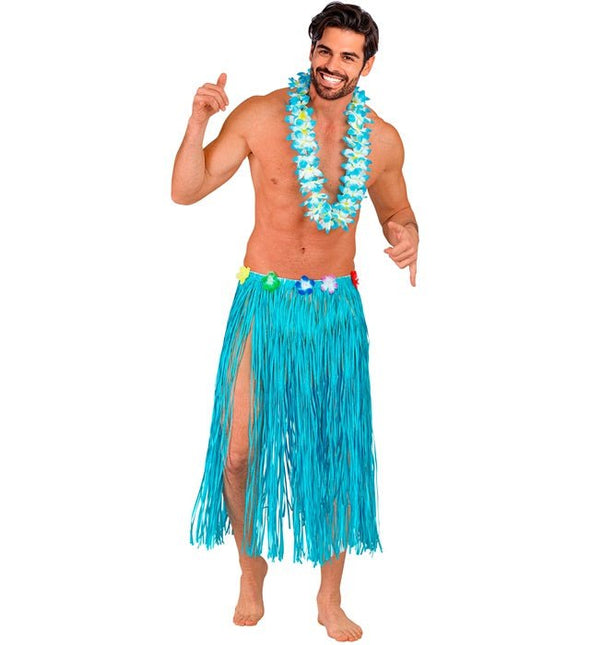 Hawaiirokje Lichtblauw Met Bloemenriem 80cm van Widmann koop je bij Partywinkel