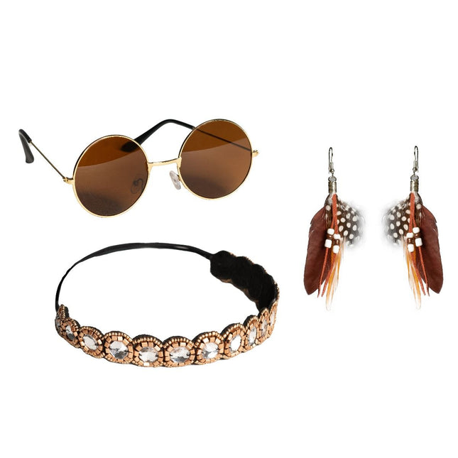 Hippie 60S Verkleedset Bruin 3 delig van Partychimp koop je bij Partywinkel