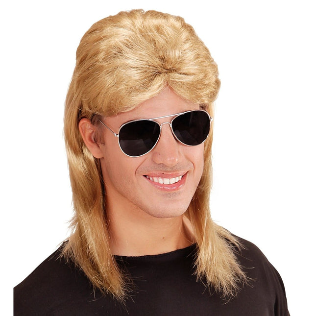 Jaren 80 Pruik Aso Blond Met Bril van Widmann koop je bij Partywinkel