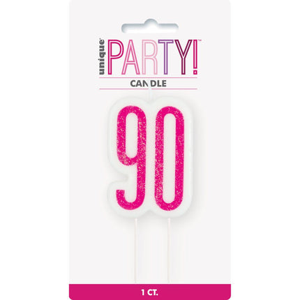 Kaars 90 Jaar Glitter Roze 8,5cm van Unique koop je bij Partywinkel