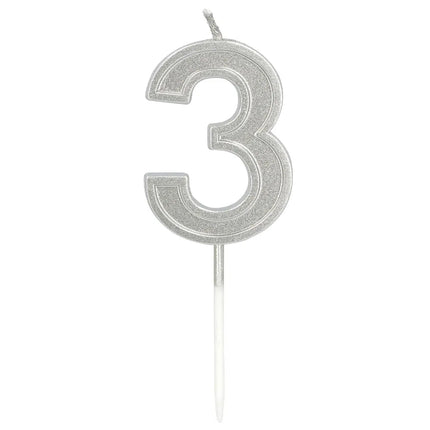 Kaarsje Elegant '3' zilver op prikker (3 x 4,2 x 0,7 cm) van Boland koop je bij Partywinkel