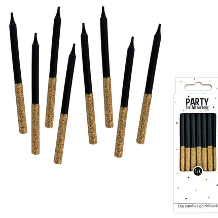 Kaarsjes Glitter Dip Zwart Goud 8cm 16st van Haza Witbaard koop je bij Partywinkel