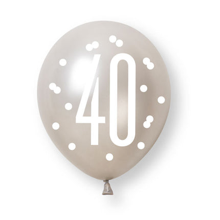6ct Glitz Black Number 40 Assorted Platinum & Pearl Premium 30cm Latex Balloons