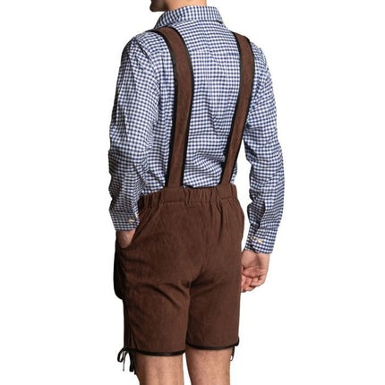 Lederhose Donkerbruin Kort + Blouse Blauw van Partychimp koop je bij Partywinkel