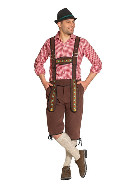 Lederhose Johann met Verstelbare Bretels Donkerbruin Lang van Partychimp koop je bij Partywinkel