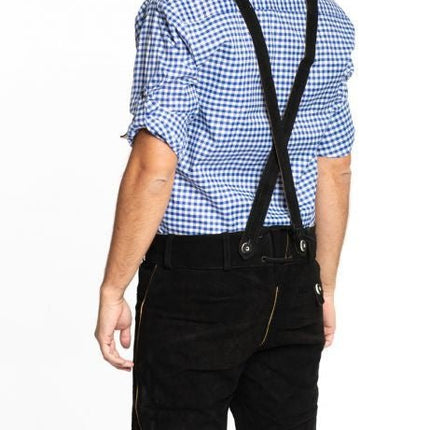 Lederhose Leer Kort Zwart Gestikt en Bretels van Tannhauser koop je bij Partywinkel