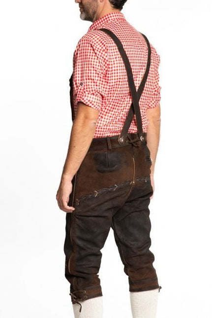 Lederhose Leer Lang Donkerbruin Gestikt en Bretels van Tannhauser koop je bij Partywinkel