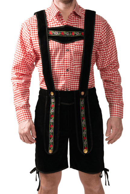 Lederhose Zwart Kort Met Blouse van Partychimp koop je bij Partywinkel