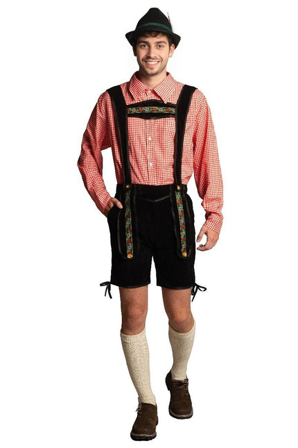 Lederhose Zwart Kort Met Blouse van Partychimp koop je bij Partywinkel