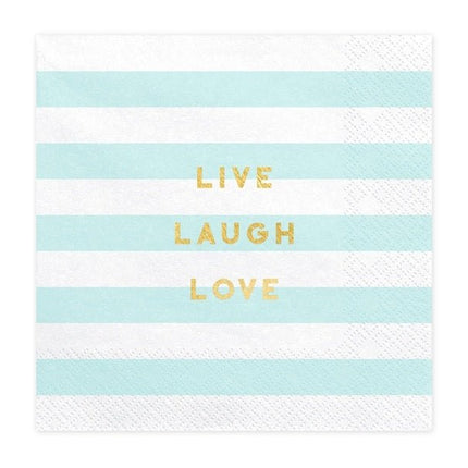 Lichtblauwe Servetten Live Laugh Love 33cm 20st van Partydeco koop je bij Partywinkel