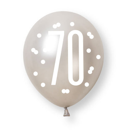 6ct Glitz Black Number 70 Assorted Platinum & Pearl Premium 30cm Latex Balloons