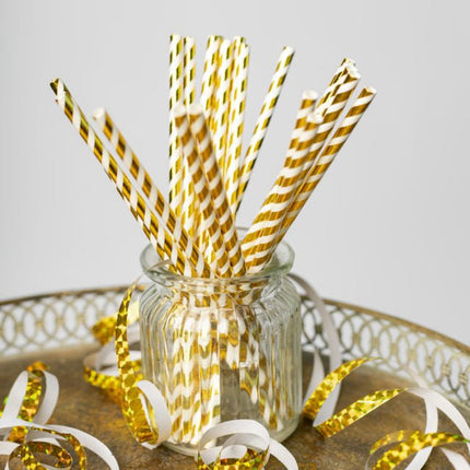 Papieren Rietjes Goud Gestreept 19,7cm 20st van WeFiesta koop je bij Partywinkel
