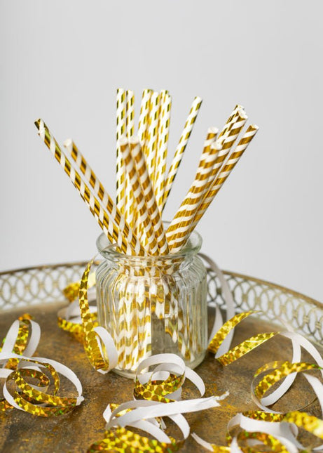 Papieren Rietjes Goud Gestreept 19,7cm 20st van WeFiesta koop je bij Partywinkel