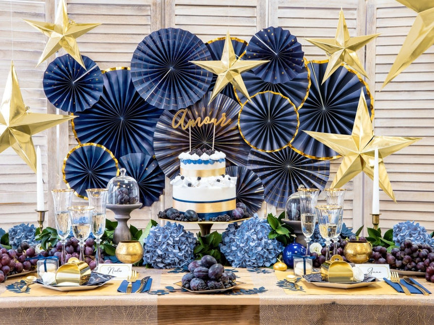 Papieren Waaiers Donkerblauw Goud Set 23 - 40cm 3 delig van Partydeco koop je bij Partywinkel