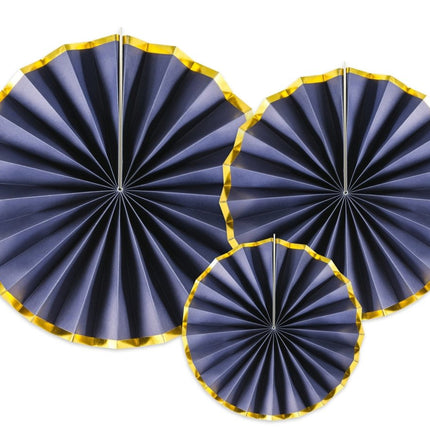 Papieren Waaiers Donkerblauw Goud Set 23 - 40cm 3 delig van Partydeco koop je bij Partywinkel